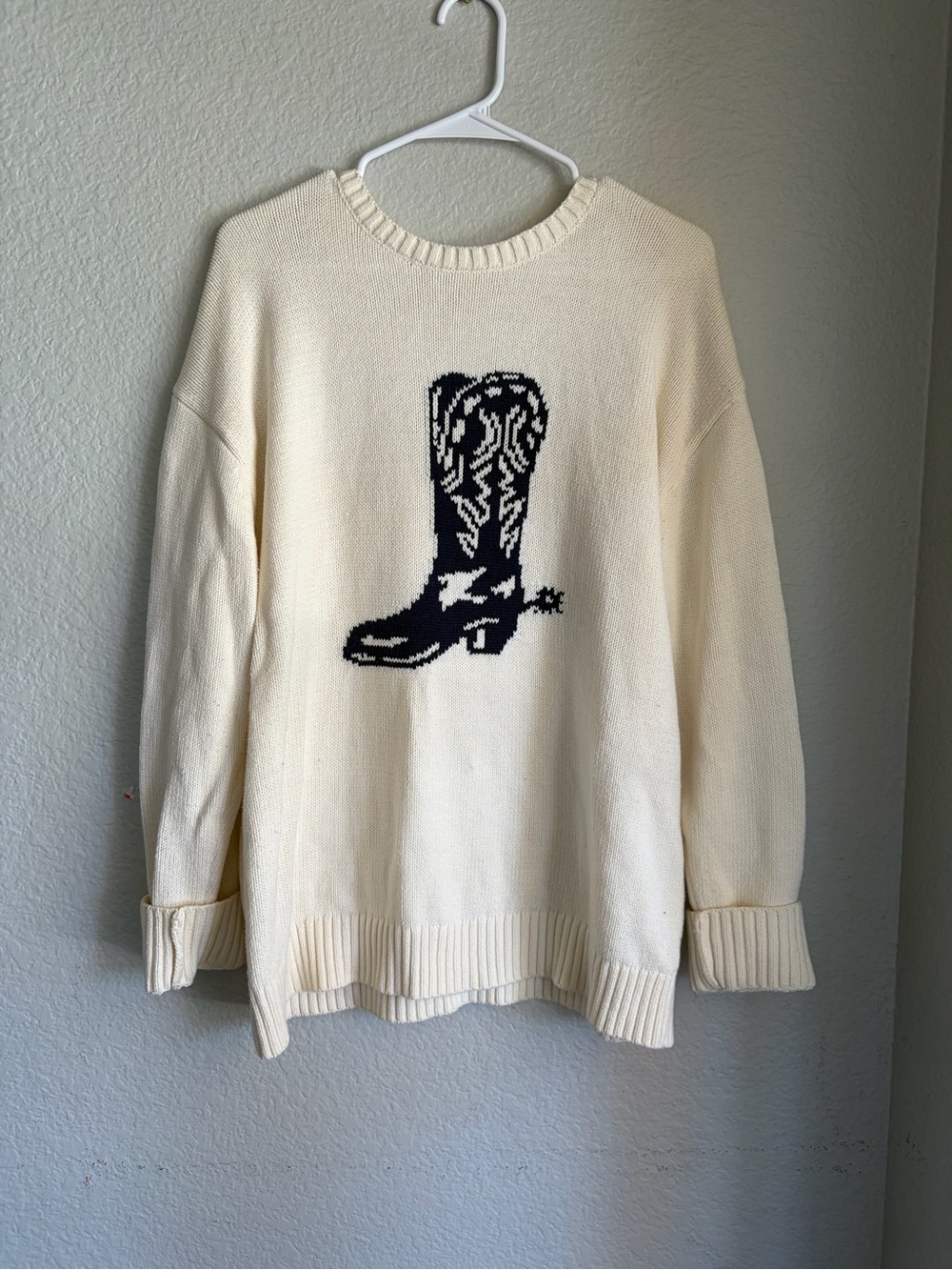 Aeropostale Cream Crewneck Sweater with Black Cowboy Boot Motif